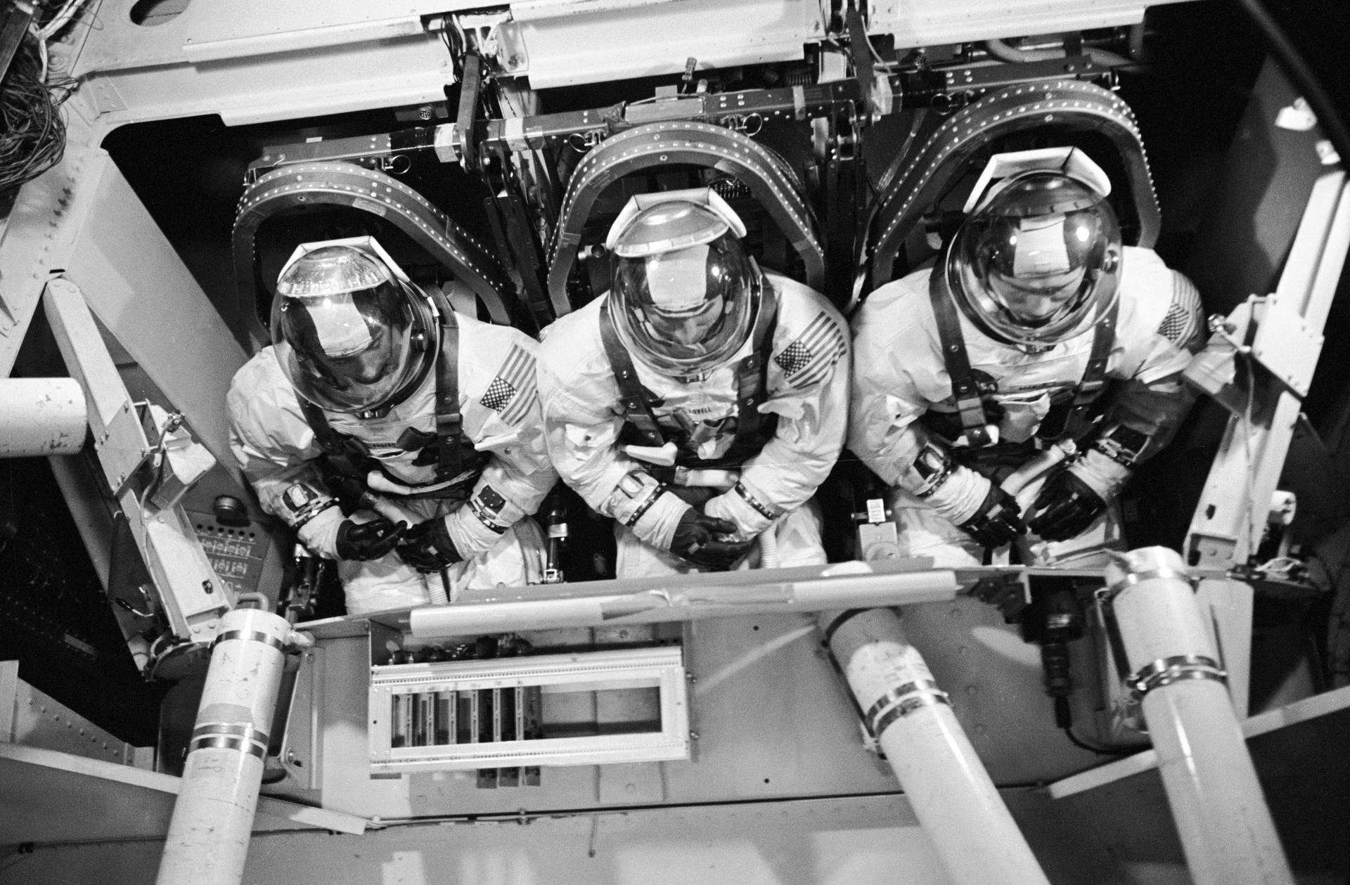 Apollo 8 crew inside the centrifuge gondola during training, 1968